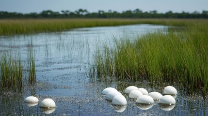 Eggs placed in salt water marshes and wetlands reflect the natural habitat. Wild birds search in the shallow water, while waders remain unhatched from their eggs in the salt marsh and wetlands.