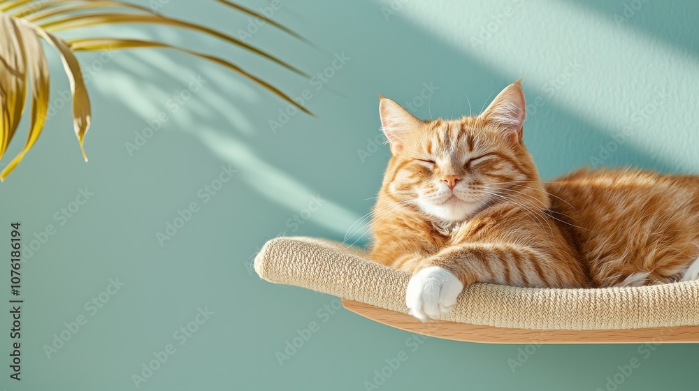 Aufkleber fluffy cat enjoys relaxation on a stylish cat bed in a minimalist high-fidelity setting