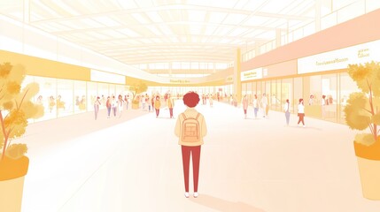 A vibrant shopping mall scene with a person standing in the foreground, surrounded by shoppers.