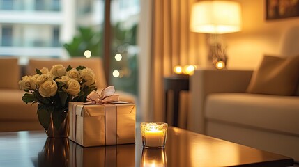 generate a premium house interion on a diwali setting with a gift hamper on a coffee table in focus with beige colour.