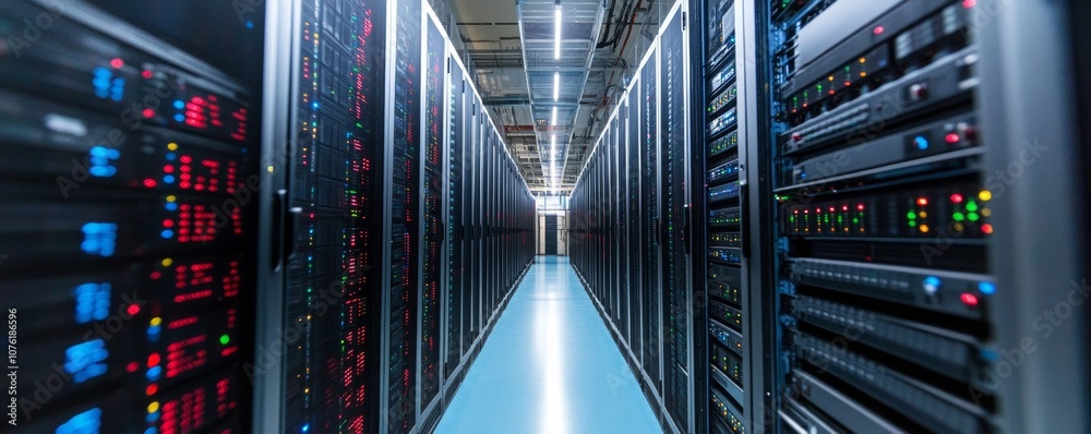 Poster High-Tech Data Center Aisle with Illuminated Server Racks in Focused Perspective