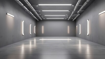 A vacant hall with a shiny concrete floor