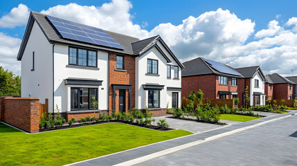 Obraz premium Modern suburban homes with solar panels, blue sky, and eco-friendly design