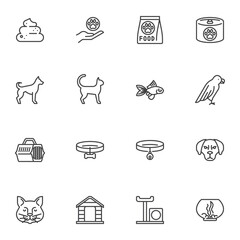 Pet shop related line icons set