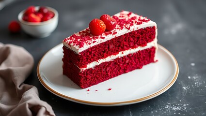 Delicious Red Velvet Cake, cream cheese frosting garnished with raspberries