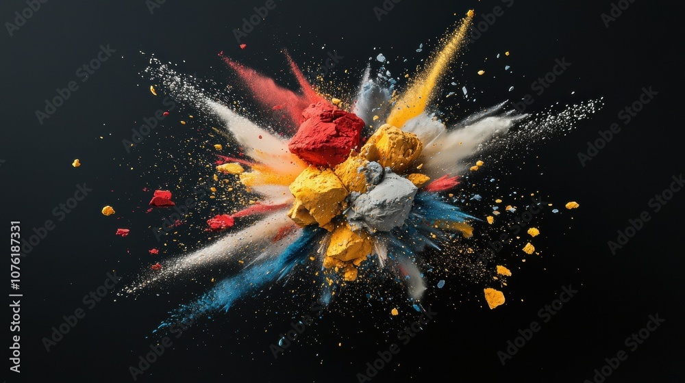 Poster capture the vibrant explosion of colorful powder in slow motion against a high fidelity background