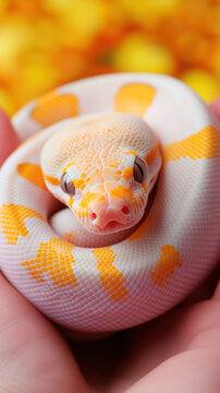 beautiful white ball python with orange patterns resting in hand