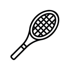 Tennis racket black line icon design, Simple black line icon of a tennis racket, commonly used in graphic design and sports-themed illustrations.
