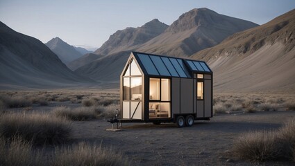 Modern Tiny House in Desert Landscape with Majestic Mountains at Dusk, Showcasing Minimalist Design and Tranquil Living Amidst Vast Open Space