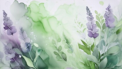 Serene Watercolor Botanical Blossoms. Soft Lavender and Green Foliage, Delicate Spring Florals in Dreamy Artistic Pastels for Home Decor, Wellness Branding, or Nature Inspired Digital Design