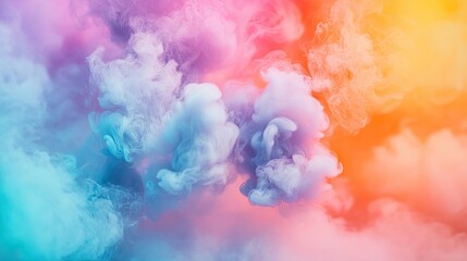 Naklejka premium Vibrant neon puff smoke creates a multicolor, bright, and colorful mist, enhancing this abstract background texture with dynamic fog and steam for versatile use.
