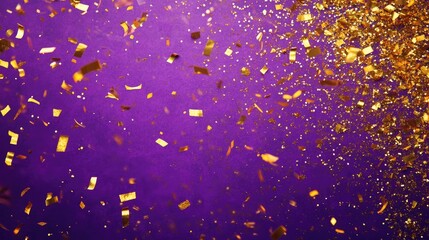 Golden confetti cascades over a vibrant purple background, creating a festive atmosphere filled with golden confetti. Perfect for a celebratory theme with ample copy space.