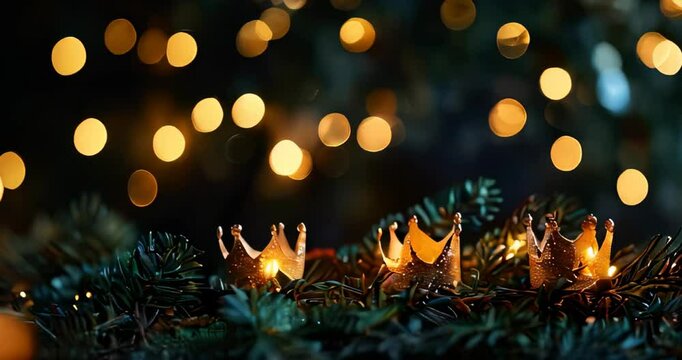 Three golden crowns garland, dark bokeh background with lights and sparkles, Christmas, Epiphany, Celebration of the Day of the Three Kings