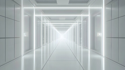Obraz premium Server room with rows of racks, clean design, and futuristic white lighting