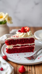 Delicious Red Velvet Cake, cream cheese frosting garnished with raspberries
