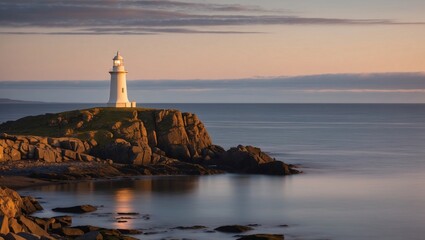 Fototapeta premium Majestic Lighthouse on Rocky Coastline Overlooking Calm Sea at Sunset with Soft Colors in the Sky and Gentle Waves Lapping at Shore