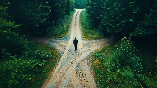 Man at a Crossroads in the Forest, decision, choice, path, direction, uncertainty