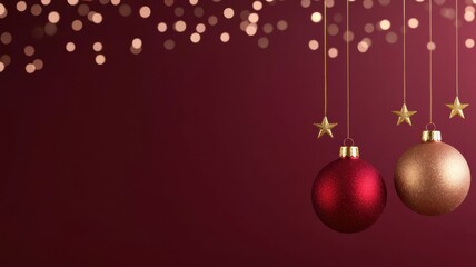 Festive red and gold Christmas ornaments hang against a rich background, creating a warm and cheerful holiday atmosphere.
