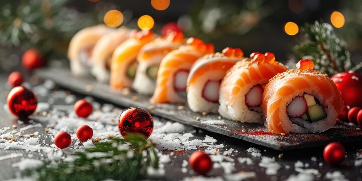 Rolls and sushi with New Years decorations on the table close-up