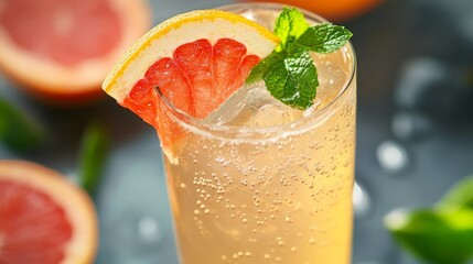 Grapefruit and Mint Soda with Ice in a Tall Glass