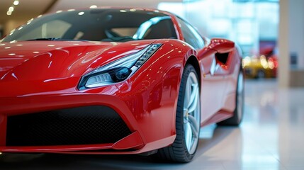 The red sports car captivates attention in a modern showroom, highlighting its sleek curves and...