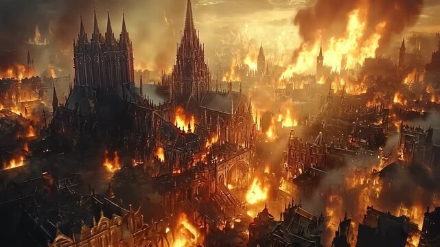 Burning Cityscape, fire, flames, inferno, destruction, gothic architecture