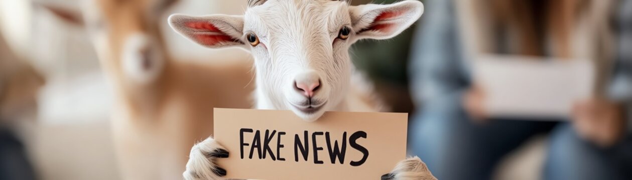 A goat holding a sign reading fake news.