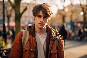 Fototapeta premium A young man wearing a brown jacket and a backpack stands in front of a tree