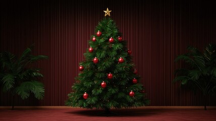 A beautifully decorated Christmas tree with red ornaments and a star on top, set against a dark wooden backdrop.