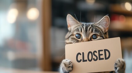 Cat holding a closed sign in a cafe setting.