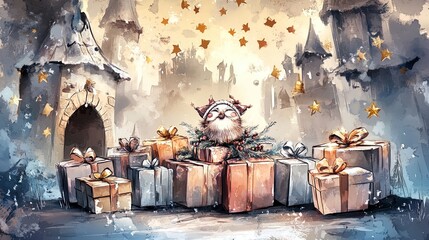 Obraz premium Festive Cheer: A Table Overflowing with Wrapped Presents, Holly, Golden Stars, and Silver Bells - Perfect for Holiday Posters and Home Decor