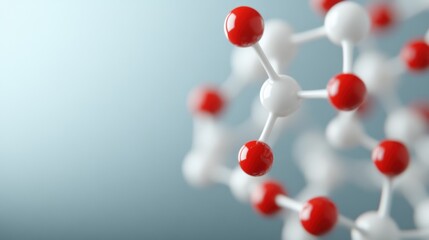 An intricate molecular structure displays red spheres connected by white atoms, illustrating chemical relationships in science