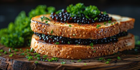 sandwich with black caviar on dark background close-up