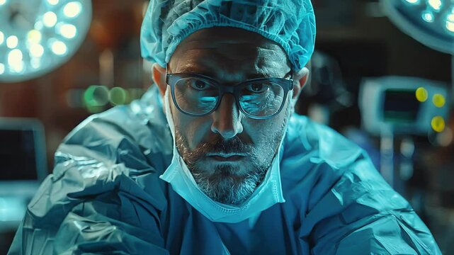 After an extensive surgery, a weary surgeon takes a moment to gather his thoughts and decompress in the quiet operating room during late hours.