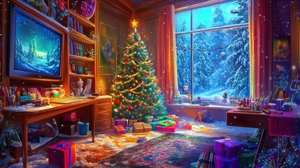 Cozy Christmas Living Room Poster: Captivating Decor with a Sparkling Tree, Glowing TV, Presents, and a Snowy Landscape - Perfect for Enhancing Your Home's Holiday Spirit!