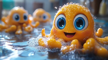 Cute cartoon octopuses swimming joyfully in a bubbly environment.