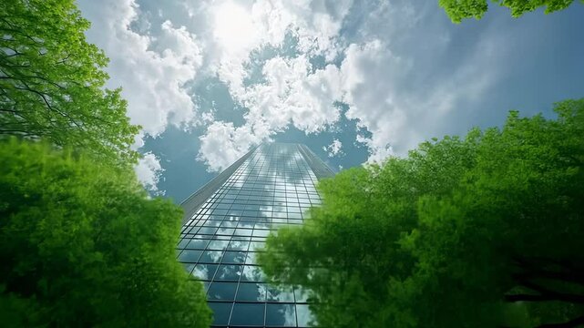 Modern skyscraper reflected in blue sky with clouds and green trees, building, architecture, glass, high rise, office