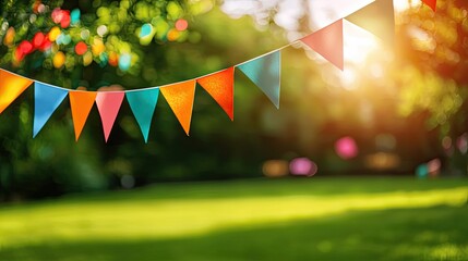 Colorful party flags flutter in a sunny garden, creating a festive atmosphere for gatherings.