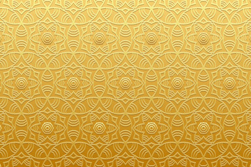 Gold boho background, tribal cover design, banner. Geometric floral 3D pattern, embossing. Textured ornaments, arabesques, mandala of the East, Asia, India, Mexico, Aztec, Peru. Ethnic print.
