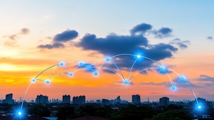 Sunset Landscape with City Skyline and Digital Connectivity Network Concept, Illuminated Nodes Representing Technology and Communication Over Urban Horizon