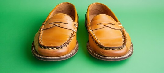  Sporty loafers set against a bright lime green background. 