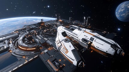 Obraz premium Futuristic Spacecraft Docking at Massive Space Station