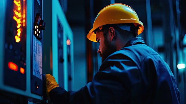 Worker in safety gear operating machinery in a dimly lit industrial environment.