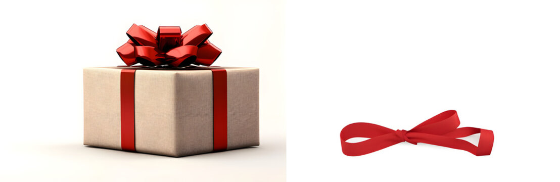 A side view of a wrapped Christmas present with a red bow made from ribbon isolated against a transparent background with spare ribbon to the right.