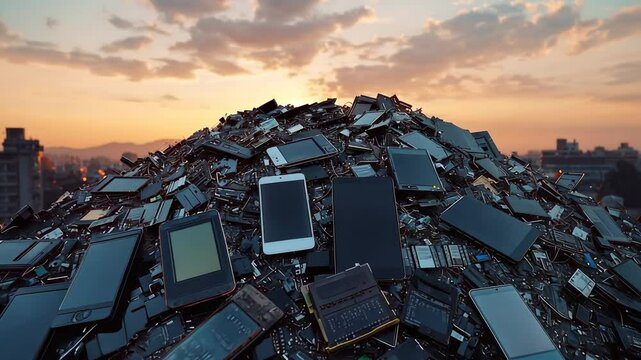 E-Waste Mountain at Sunset, electronic waste, mobile phones, smartphones, tablets, computer parts
