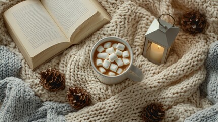 Fototapeta premium Winter Christmas top view scene with hot drink mug, opened book, knitted plaid, lantern and pine cones, hygge seasonal minimalistic flat lay, AI generated image