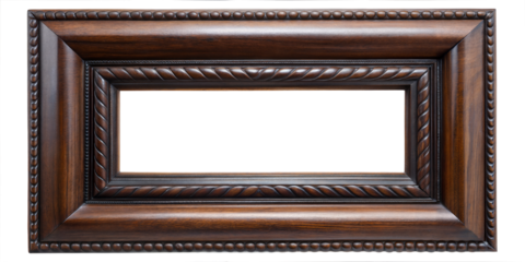 Classic Rectangular Wooden Frame with Rich Brown Finish and Decorative Carved Detailing, Ideal for Artwork or Photo Display. PNG, cutout, or clipping path.