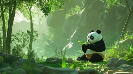 Cute Panda Eating Bamboo in a Lush Forest