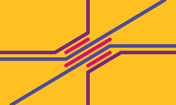 Futuristic vector image with intersecting pink, blue and purple lines, surrounded by parallel yellow lines. The yellow background adds elegance