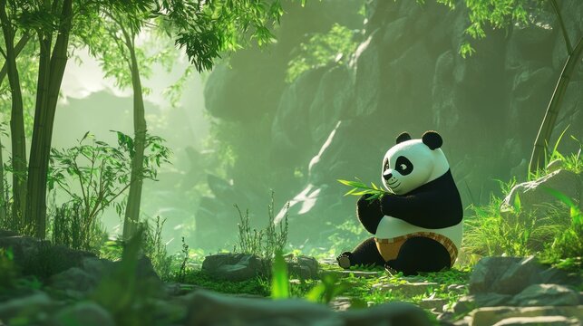 Cute Panda Eating Bamboo in a Lush Forest